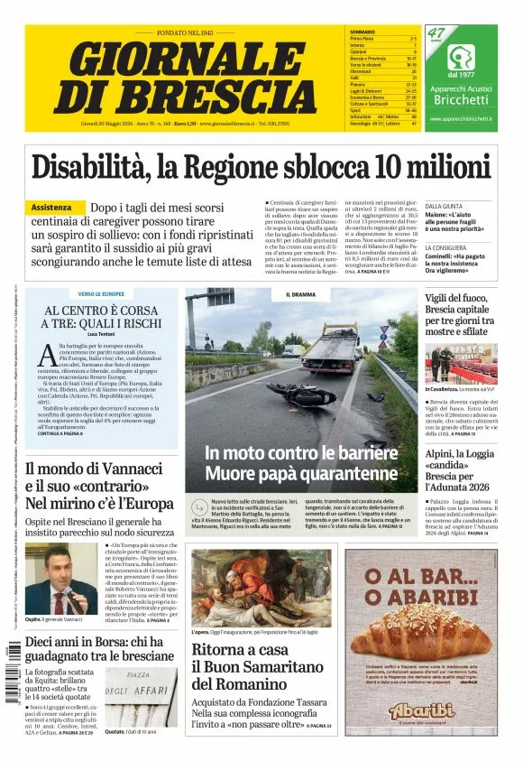 Prima-pagina-giornale di brescia-oggi-edizione-del-2024-05-30